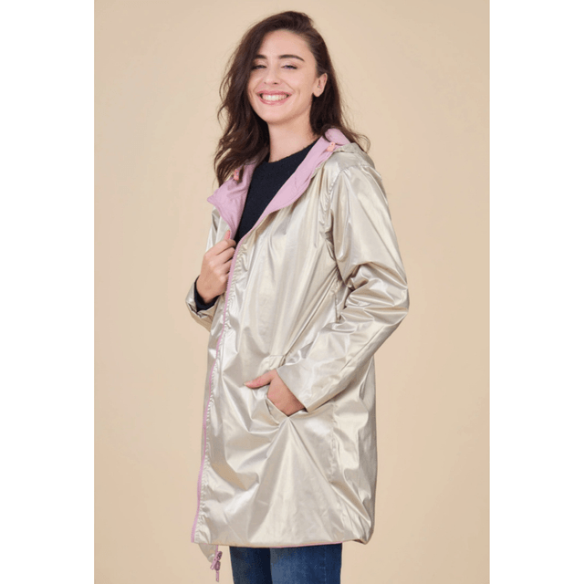 Parka Réversible Mi-Longue Imperméable, Coupe-Vent, Vieux Rose / Doré 