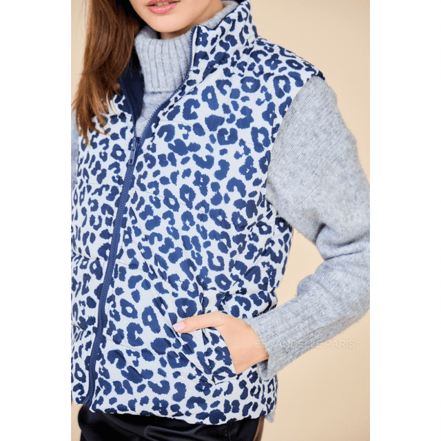 Doudoune réversible sans manches, print léopard bleu 