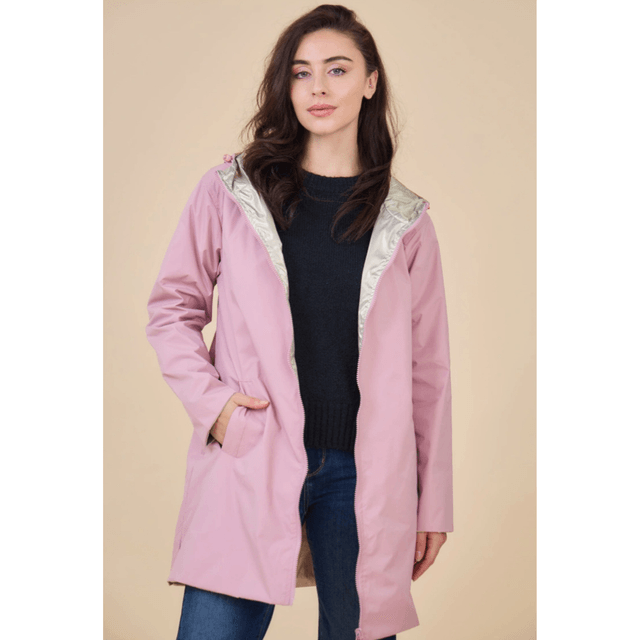 Parka Réversible Mi-Longue Imperméable, Coupe-Vent, Vieux Rose / Doré 